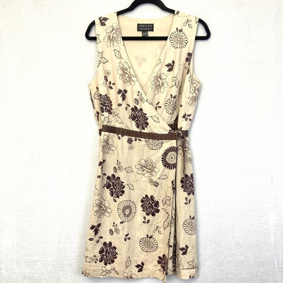Spenser Jeremy Dresses & Skirts - Spenser Jeremy Linen Wrap Dress Womens 12 Floral Sleeveless Knee Length Neutral